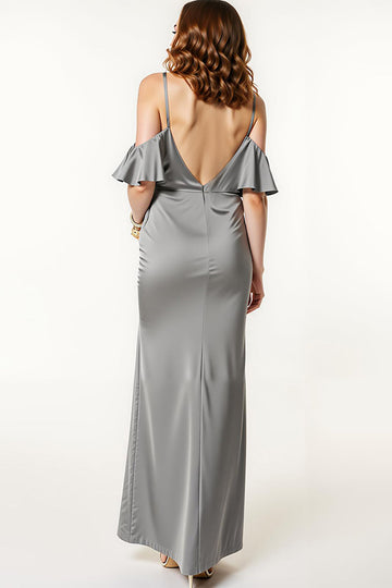 Robe longue formelle sirène en satin gris acier à épaules dénudées